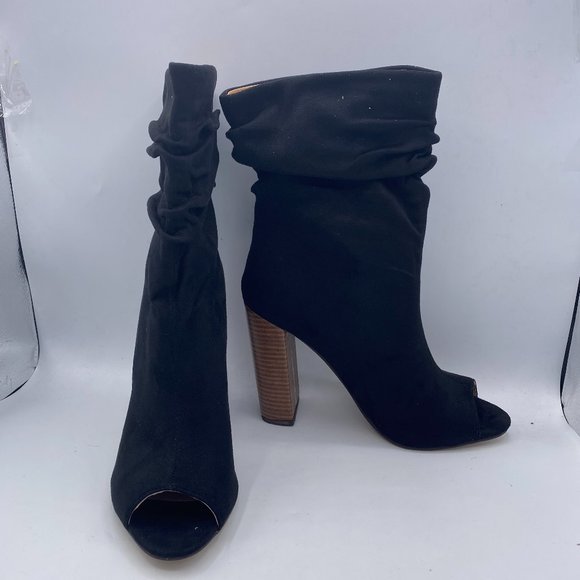FSJ Black Stylish Peep Toe Slouch Chunky Stacked Heels Ankle Boots - Picture 4 of 13